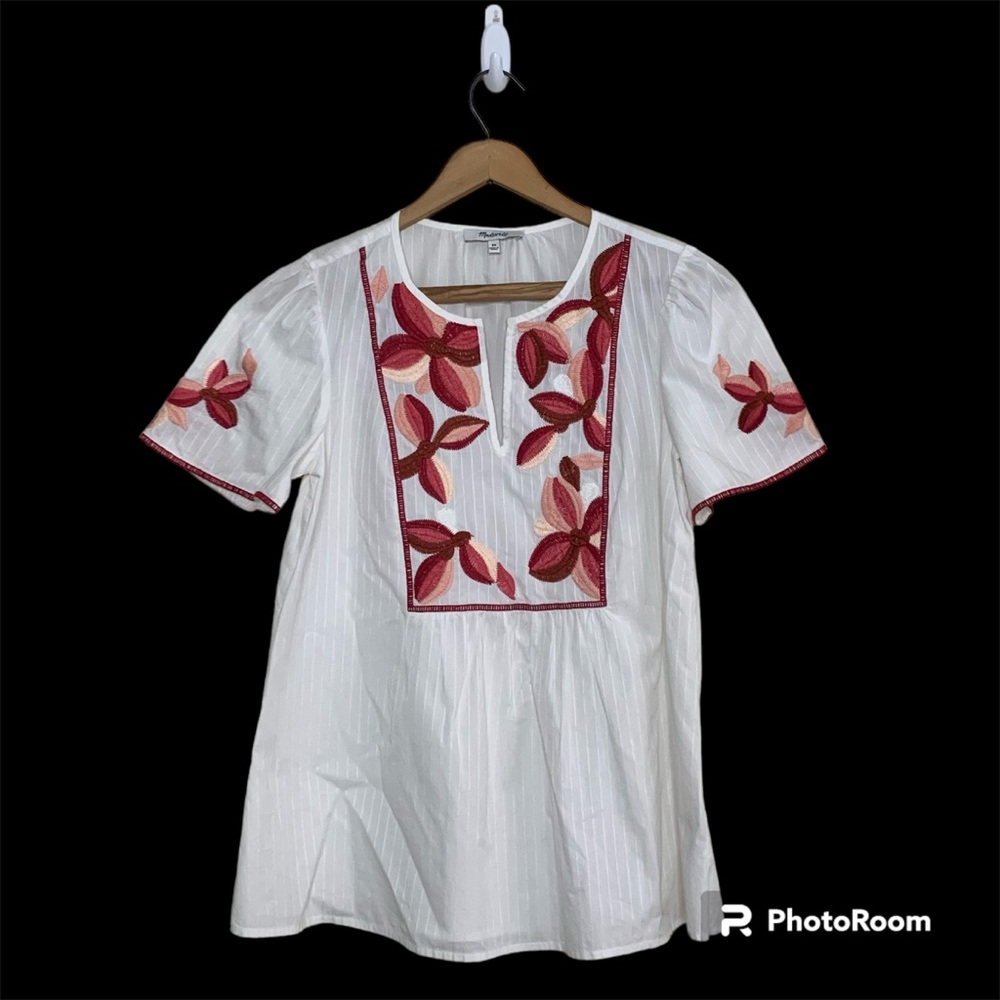 Madewell White Floral Embroidered Fable Top V Neck Women’s Size XS Semi Sheer